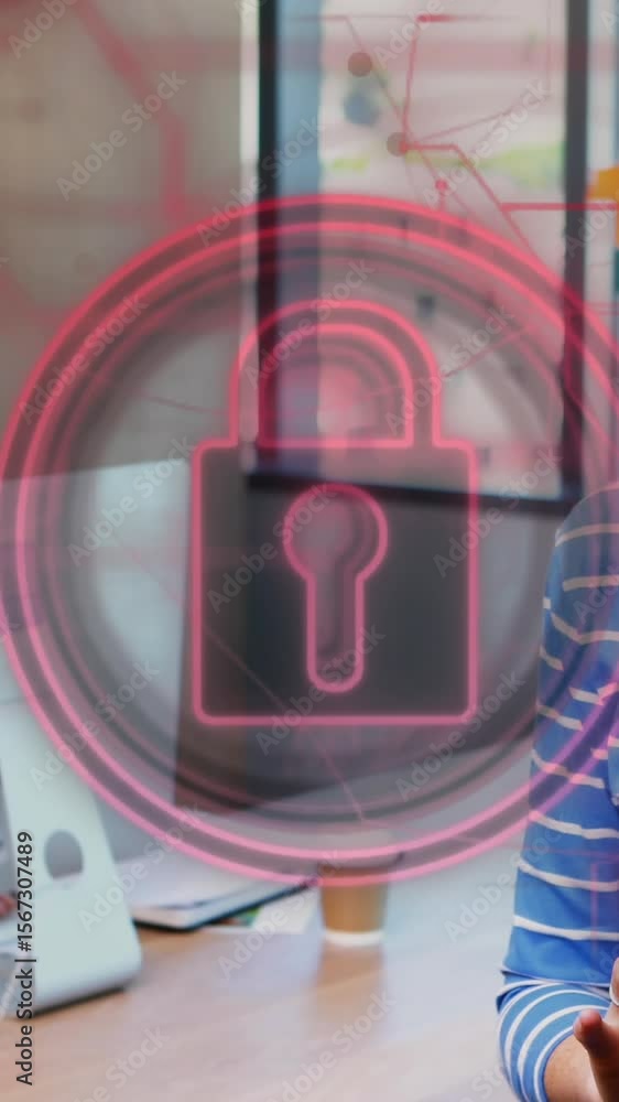 Poster animation of padlock in circles and navigation pattern over caucasian woman using smartphone