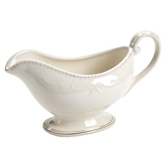 Elegant Creamy White Gravy Boat with Silver Trim on Transparent Background elegant creamy