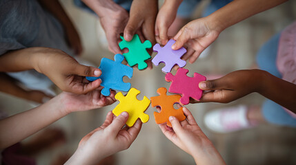 Hands of children and adults of different ethnic backgrounds working together to solve a colorful puzzle, representing unity and education