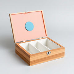 Elegant wooden jewelry box with a pink interior and a blue circular accent on the lid, designed for storing accessories in a stylish manner