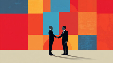 Handshake between two businesspeople in formal attire in front of company logo or branding wall