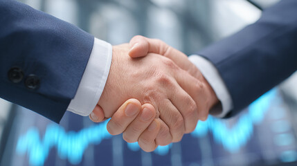 Handshake between two businesspeople in formal attire in front of company logo or branding wall