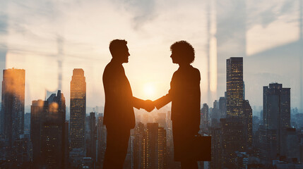 International business partners shaking hands in front of a city skyline with sunlight