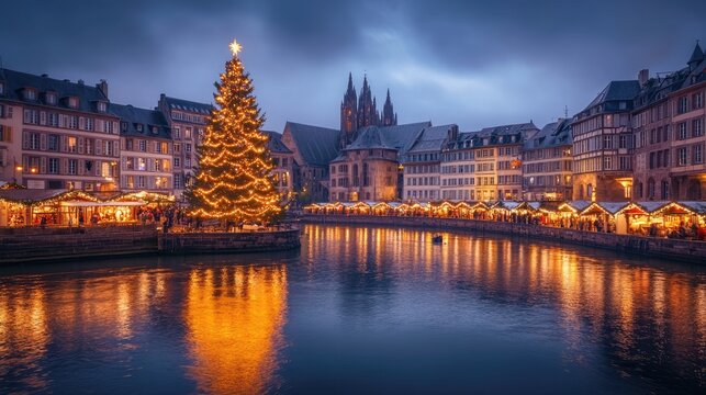 Christmas Market in Strasbourg at Dusk