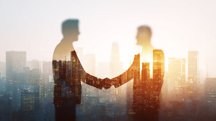 International business partners shaking hands in front of a city skyline with sunlight