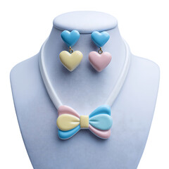 Pastel colored heart-shaped necklace and earrings adorn a white mannequin against a transparent background, showcasing jewelry fashion.
