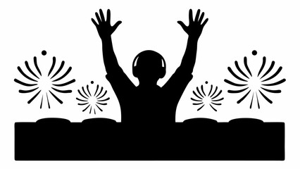 Silhouette of dj with hands up wearing headphones with fireworks in the background in black and white style