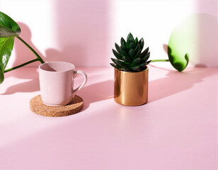 Minimalist Still Life with Potted Plant, Mug, and Decorative Sphere on Pink Background