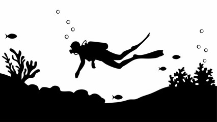 Silhouette of scuba diver swimming underwater with coral reefs and fish in monochrome style depiction