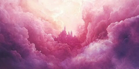 Fototapeta premium A dreamy watercolor painting of a floating castle surrounded by pink and purple ethereal clouds.