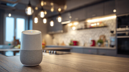 Smart home assistant controlling lights and appliances via voice command, modern kitchen background