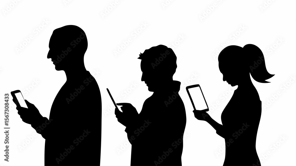 Poster silhouette of three people using mobile devices standing in a line against a white background image