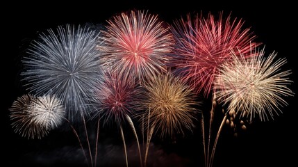 Multiple firework bursts in red, white, and gold symmetrically arranged on a clean black background.