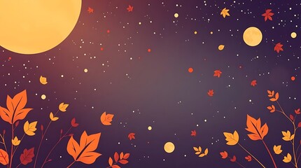 Whimsical autumn night landscape with leaves and glowing celestial bodies