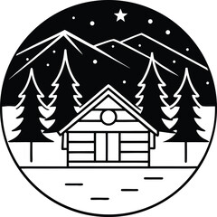 Vector Silhouette of Cabin in Mountain Night Scene Circle