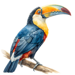 Fototapeta premium Watercolor Toucan Bird Perched on a Branch on Transparent Background