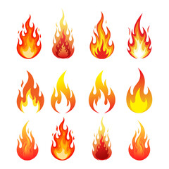 Set of vector illustrations of flames on a white background