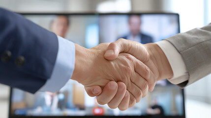 Two people shaking hands after virtual meeting, shown on a screen with remote background