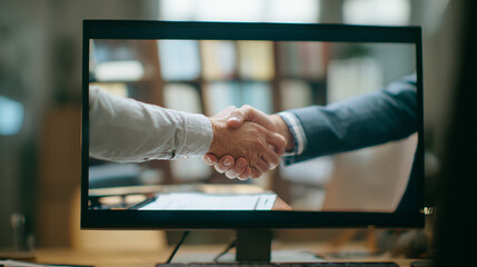 Two people shaking hands after virtual meeting, shown on a screen with remote background