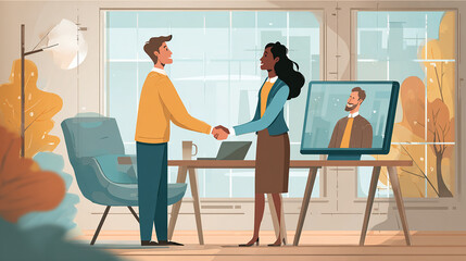 Two people shaking hands after virtual meeting, shown on a screen with remote background