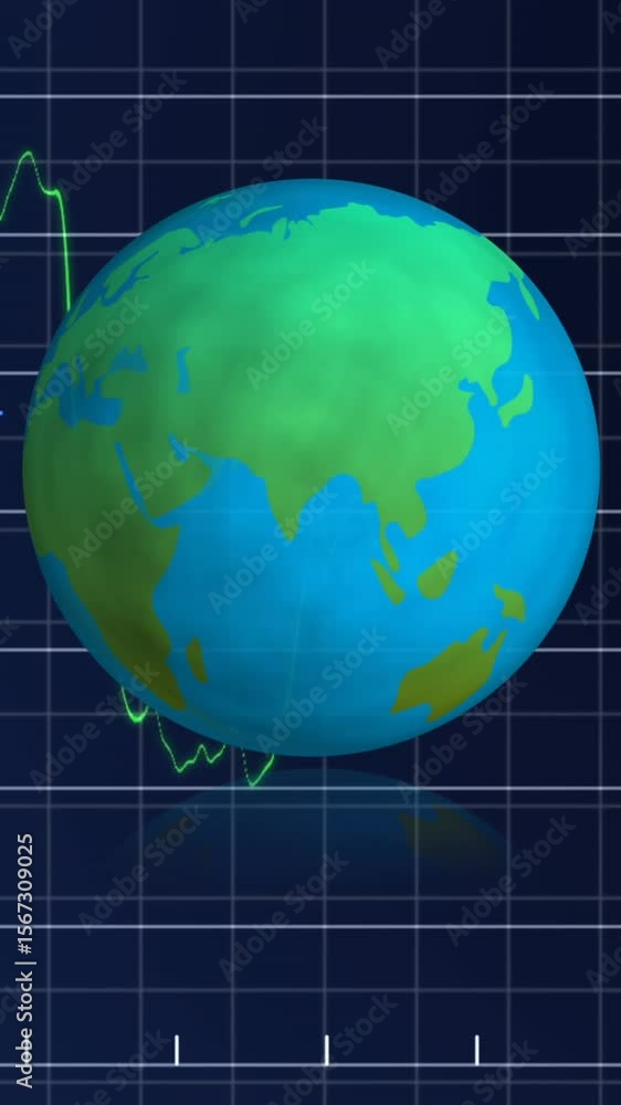 Poster financial data processing over grid network against spinning globe icon on blue background