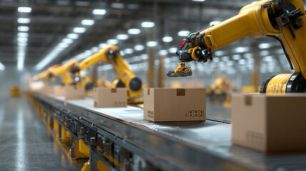 Warehouse robots organizing packages with automated efficiency, high-tech logistics center