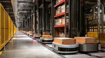 Warehouse robots organizing packages with automated efficiency, high-tech logistics center
