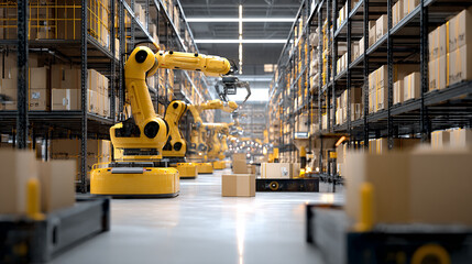 Warehouse robots organizing packages with automated efficiency, high-tech logistics center