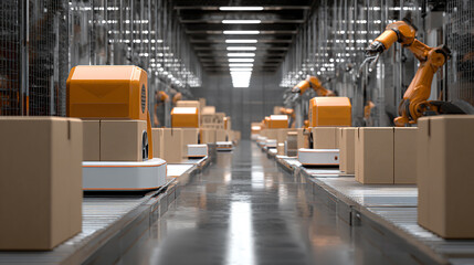 Warehouse robots organizing packages with automated efficiency, high-tech logistics center