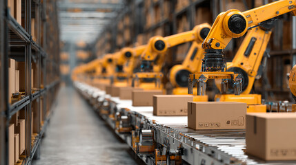 Warehouse robots organizing packages with automated efficiency, high-tech logistics center