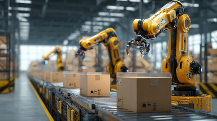 Warehouse robots organizing packages with automated efficiency, high-tech logistics center