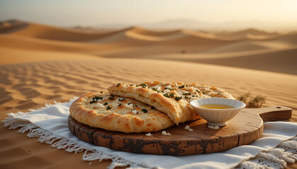 Delectable Flatbread with Herbs and Cheese in the Desert Sunset