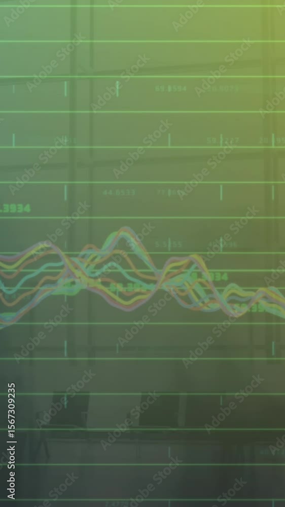 Poster animation of financial data processing over grid and cityscape