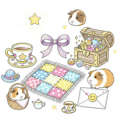 Whimsical Guinea Pig's Treasury: A charming illustration of a delightful collection of guinea pig-themed elements, a heartwarming scene perfect for children's books, websites, and greeting cards.