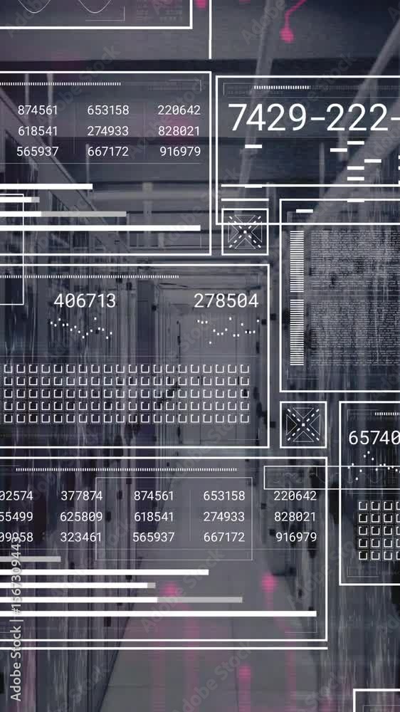 Poster animation of interface with data processing and network of connections against computer server room