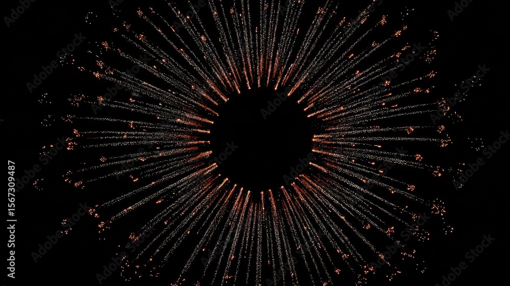 Poster minimal composition of isolated firework spark trails forming a radial pattern against deep black.