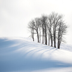 Serene winter landscape featuring a small group of leafless trees standing on a snow-covered hill under an overcast sky
