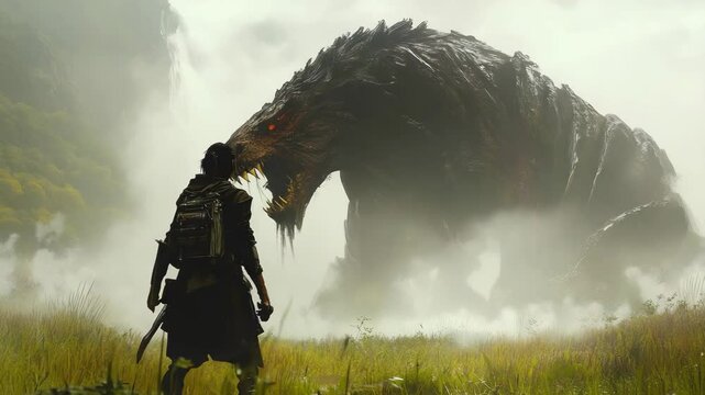 A man stands in front of a giant monster in the middle - earth