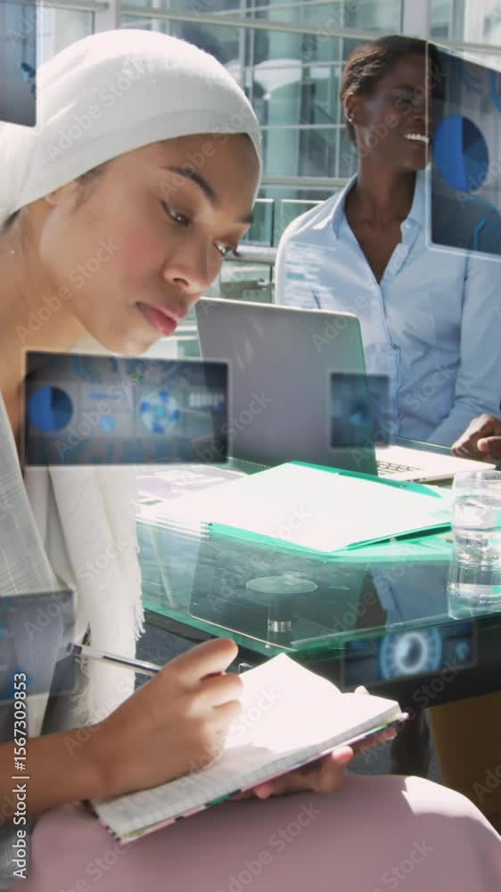 Poster animation of graphs, radars and computer language, diverse coworkers working and using technology