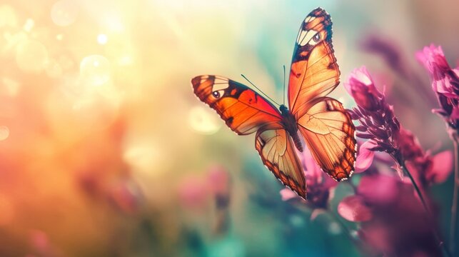 A vibrant butterfly with orange and brown wings perched on a pink flower in a field of green grass, with a warm, blurry background of sunlight.