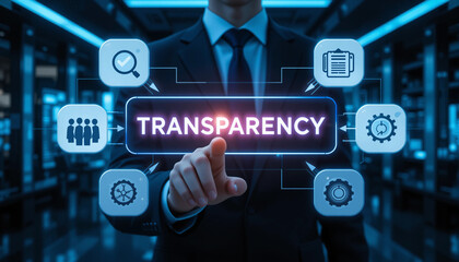 Man working on virtual touch screen presses word TRANSPARENCY. Business transparency and accountability concept.new technology