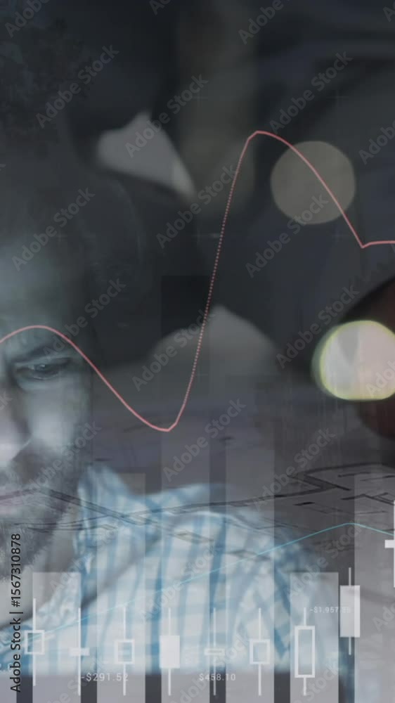 Poster animation of statistics and financial data processing over architect with plans in meeting