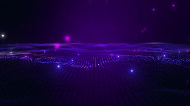 Glowing Digital Particle Landscape &ndash; Futuristic Purple and Blue Grid Background