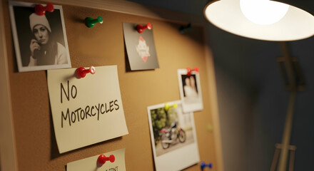 Intimate Personal Cork Board Displaying Motorcycle Ban Note And Diverse Photos