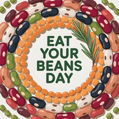 Vibrant illustration of various bean types arranged in a circular pattern around the text "EAT YOUR BEANS DAY".