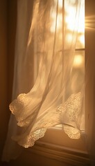 Golden Sunlight and Curtain Elegance: Captivating photo showing sunlight filters through delicate curtains, creating a warm, dreamy atmosphere with textures of the fabric and light.