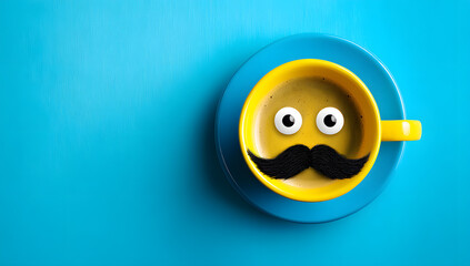 Happy Dad's Day: Yellow Coffee Cup with Mustache and Comical Eyes on Blue Background