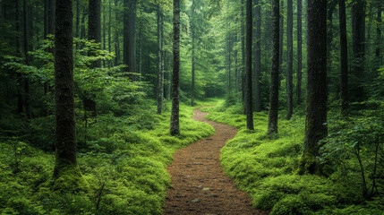 Obraz premium Serene forest landscape with lush green trees and winding path, creating peaceful atmosphere. dense foliage and soft light enhance tranquility of scene