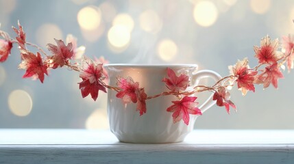 Maple leaf garland draped over a steaming cinnamon tea mug, capturing the cozy transition of autumn mornings.