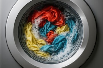 Spin Cycle: Vivid hues dance in a washing machine's drum, with soap suds creating dynamic bubbles, a snapshot of household utility and cleanliness.